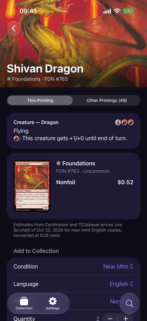The Shivan Dragon card page with its text, printing, price and options to add it to the collection